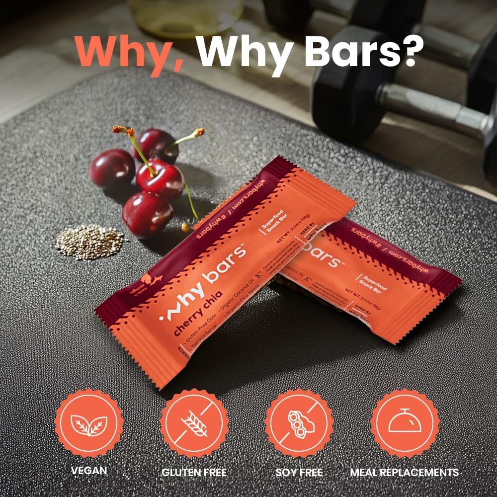 Why Bars Cherry Chia bar wrap display suggesting convenient on-the-go snack