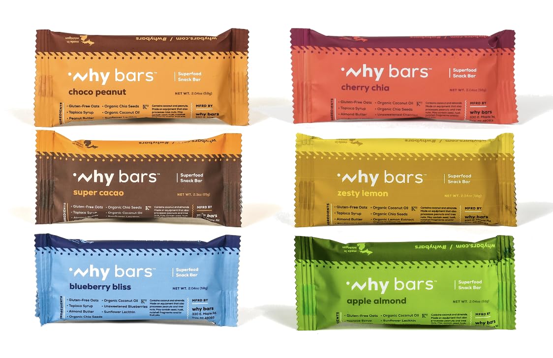 Why Bars variety pack front view, portable plant-based snacks