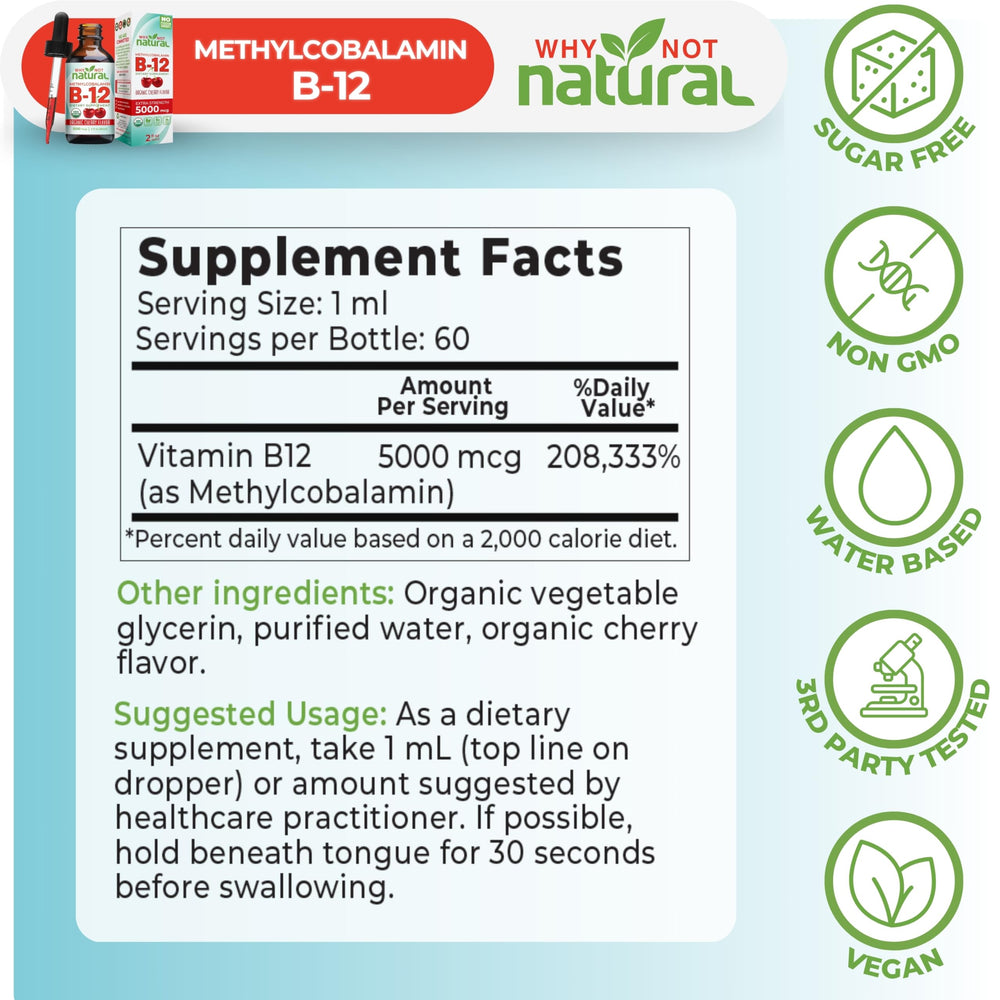 Why Not Natural B12 Liquid dose measure indicates 2500 and 5000 mcg options.