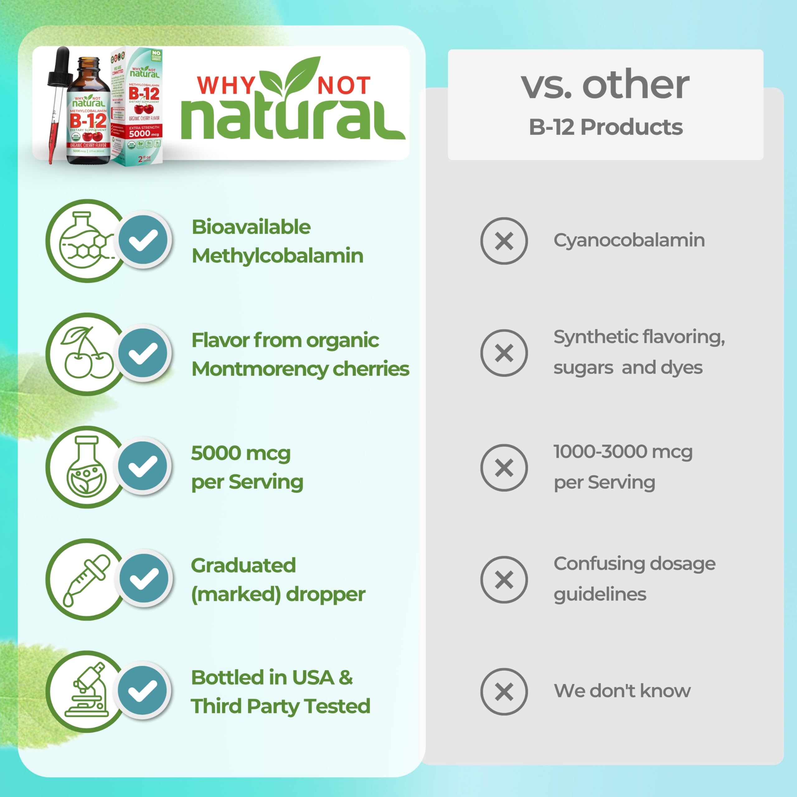 Why Not Natural B12 Liquid vegan mark confirms plant-based formula.