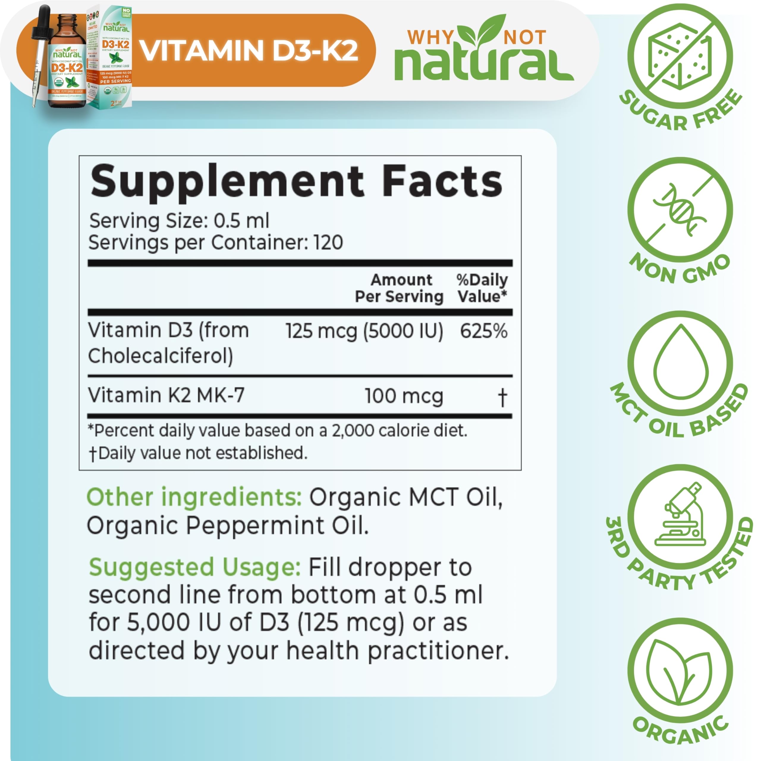 Why Not Natural organic ingredients card highlights vegetarian, gluten-free and non-GMO status