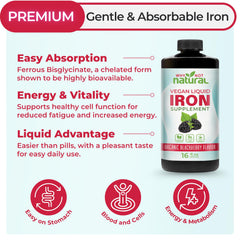 Why Not Natural Liquid Iron bottle back label highlights sugar-free vegan formula.