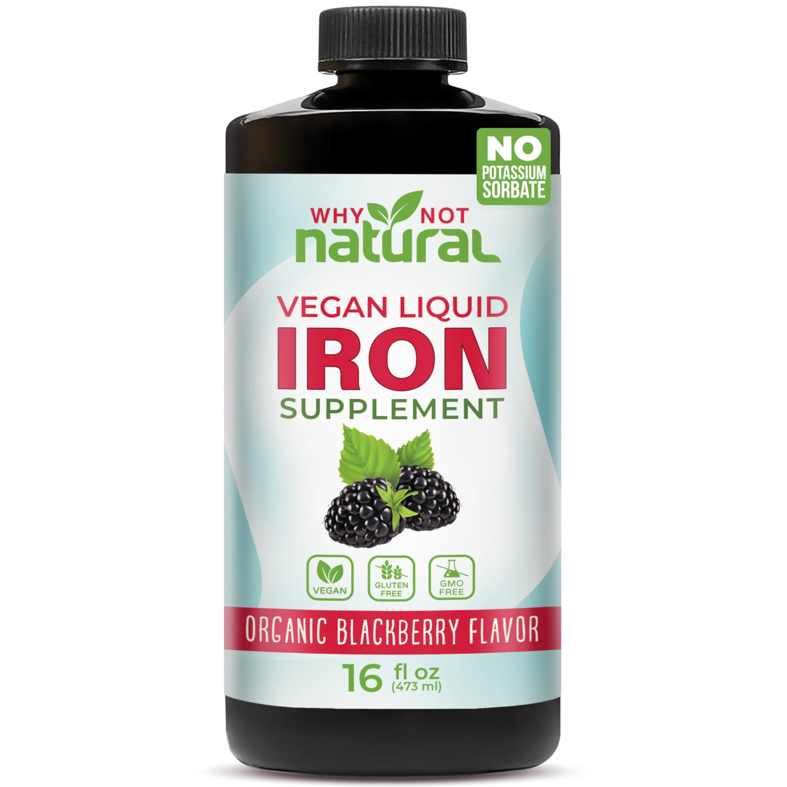 Why Not Natural Liquid Iron bottle front shows vegan iron with blackberry flavor.