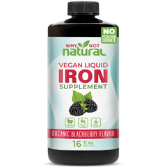 Why Not Natural Liquid Iron bottle front shows vegan iron with blackberry flavor.