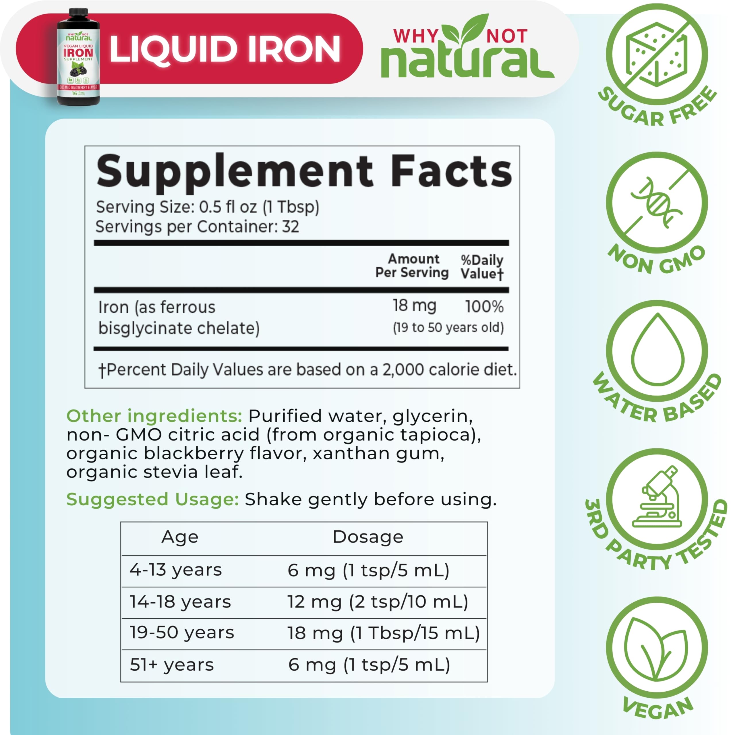 Why Not Natural Liquid Iron blackberry flavor close-up for pleasant taste.