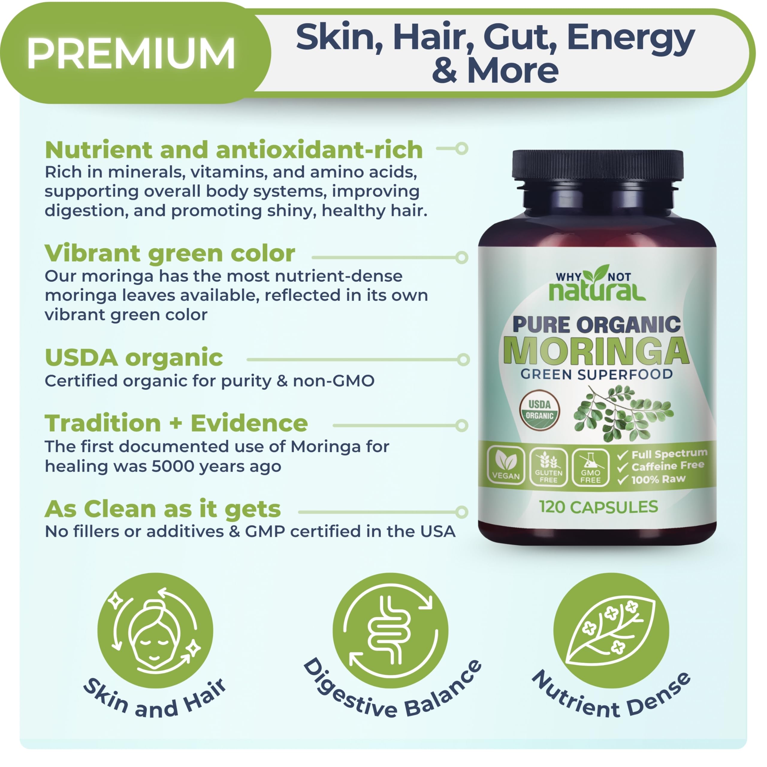 Why Not Natural Moringa capsules beside vibrant green powder signals freshness.
