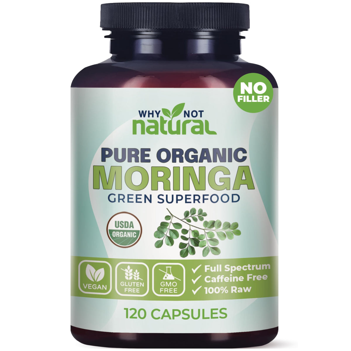 Why Not Natural Moringa capsules bottle shows organic purity and clean ingredients.