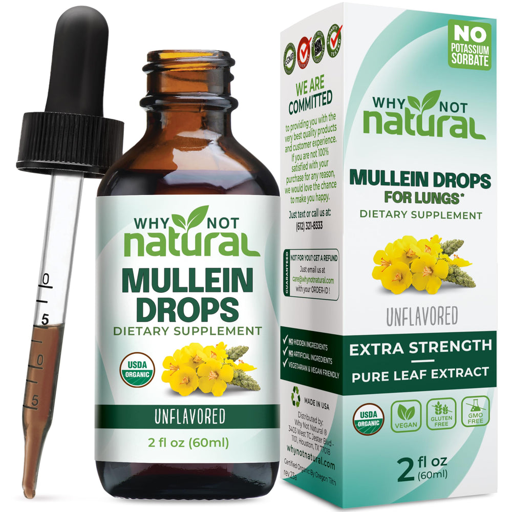 Why Not Natural Mullein Drops bottle supports clear breathing and convenient dosing.