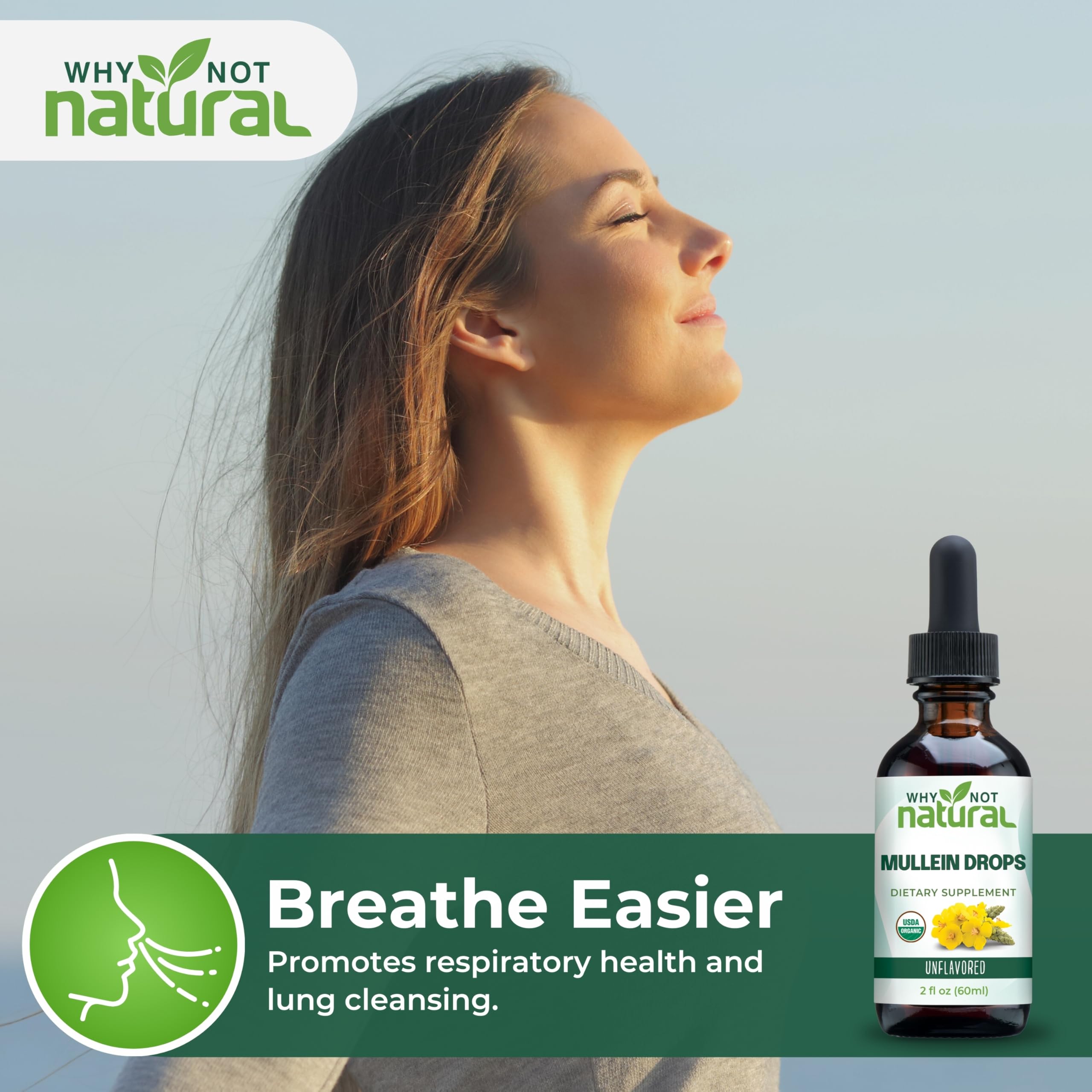 Why Not Natural Mullein Drops label shows organic certification and clean ingredients.