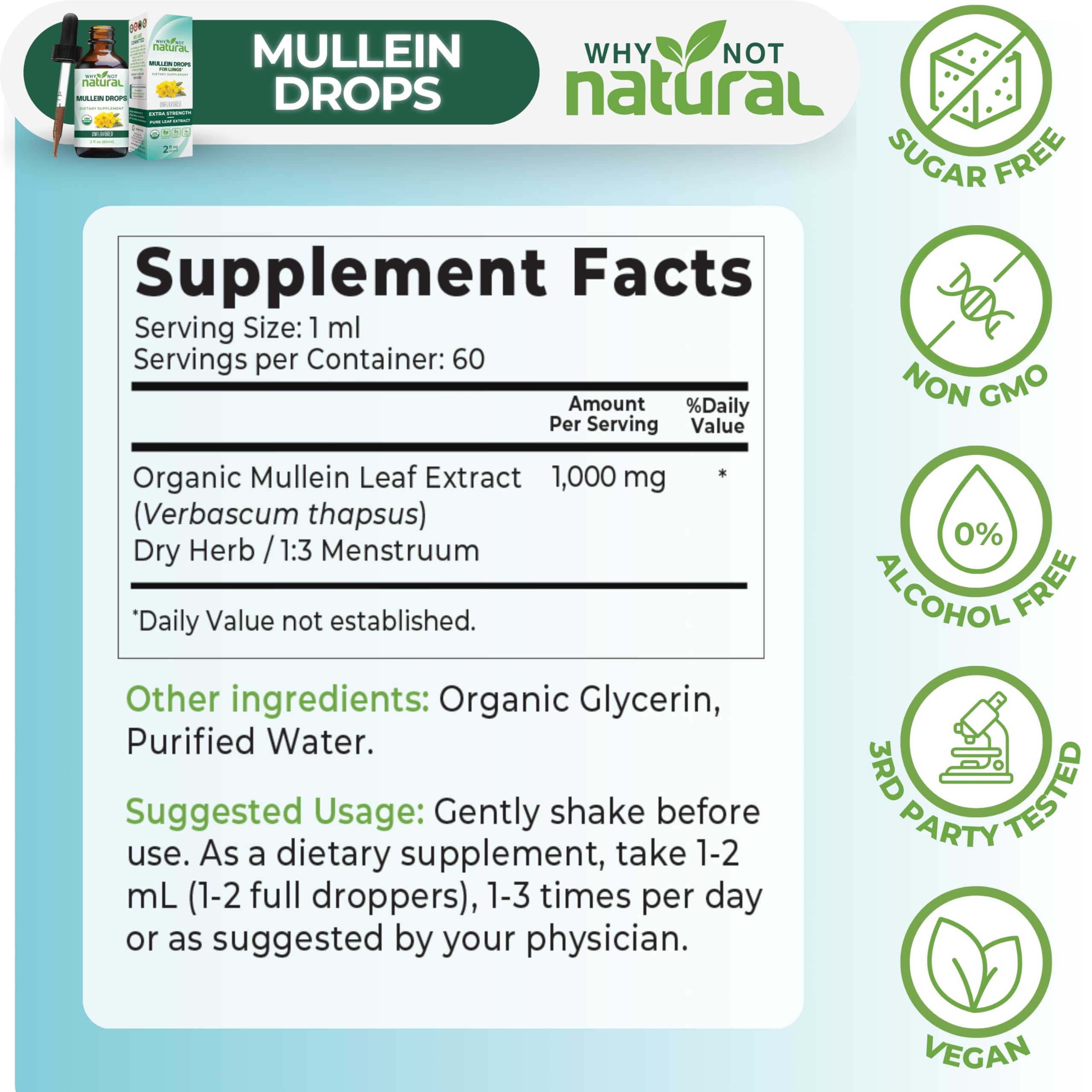 Why Not Natural Mullein Drops packaging showcases USA-made quality and third-party testing.