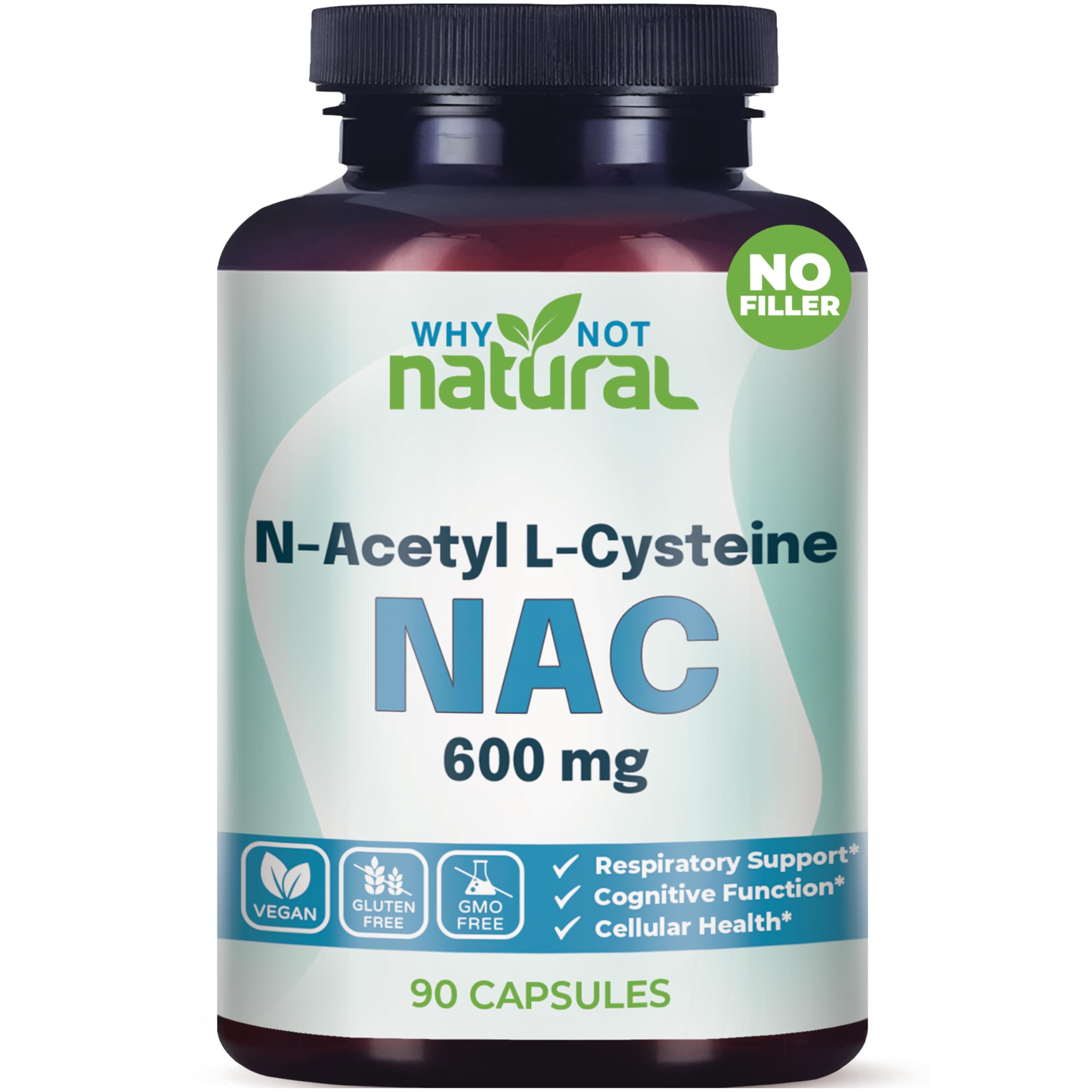 Why Not Natural NAC 600 mg bottle cap close-up for easy daily dosing.