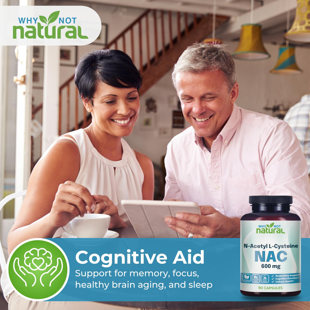 Why Not Natural NAC 600 mg bottle in kitchen setting for a daily wellness routine.