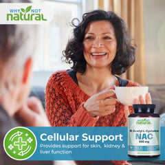 Why Not Natural NAC 600 mg bottle pour with capsules ready for daily intake.