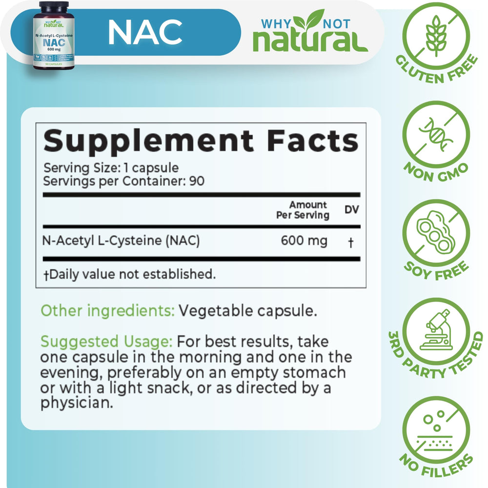 Why Not Natural NAC 600 mg bottle side label showing 600 mg per capsule.
