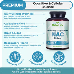 Why Not Natural NAC 600 mg capsules front view highlighting antioxidant support.