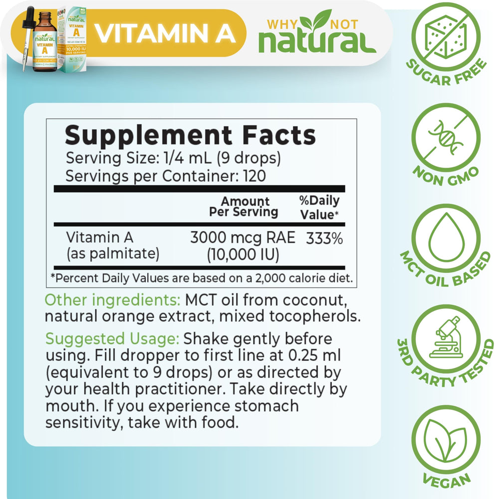 Why Not Natural Vitamin A Drops MCT oil base highlighting absorption-friendly formula