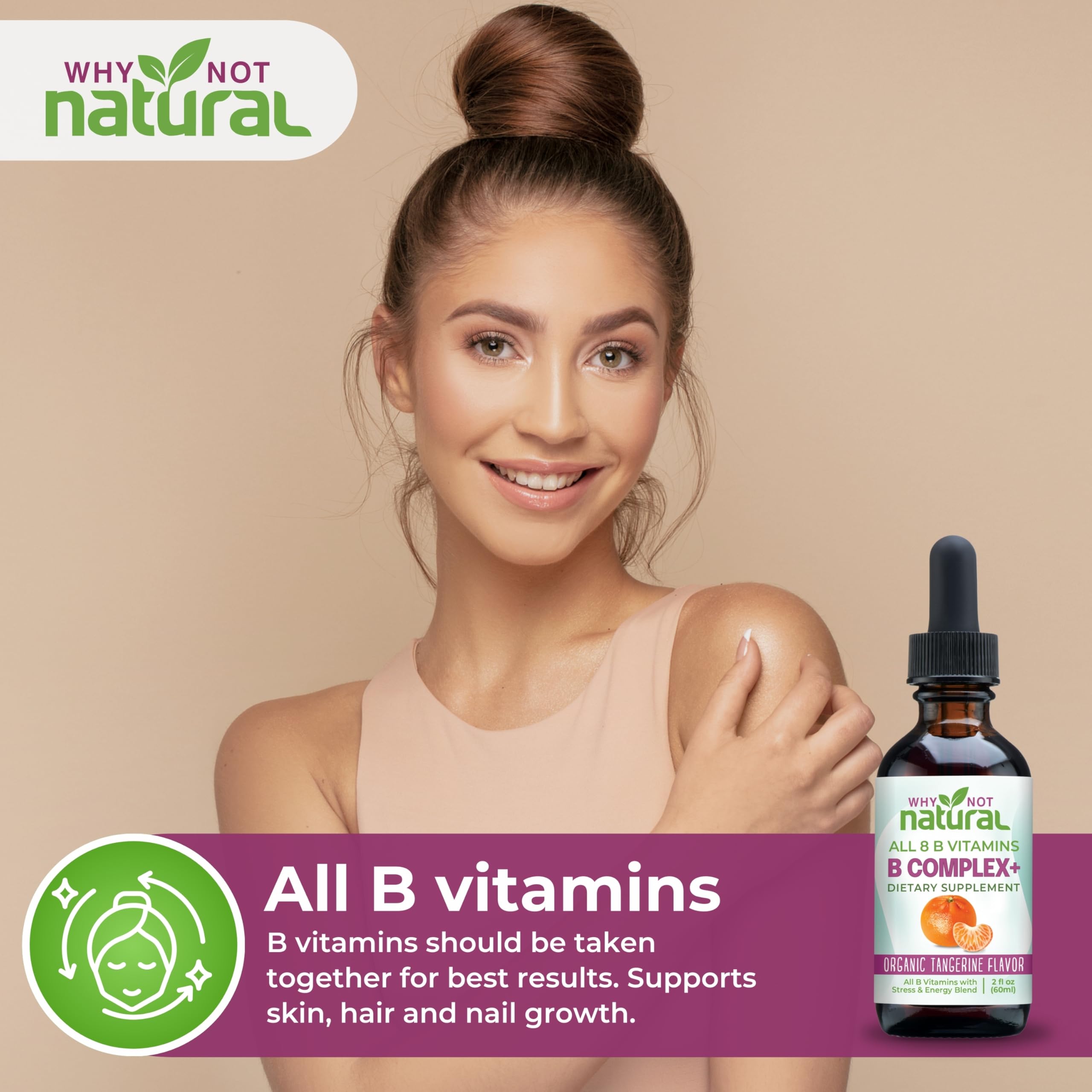 Lifestyle scene with B Complex drops supporting hair, skin, nails