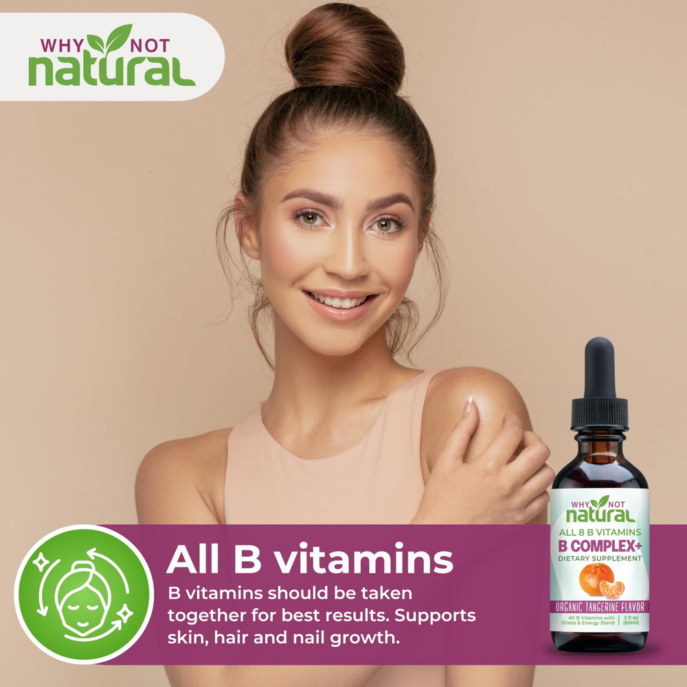 Lifestyle scene with B Complex drops supporting hair, skin, nails