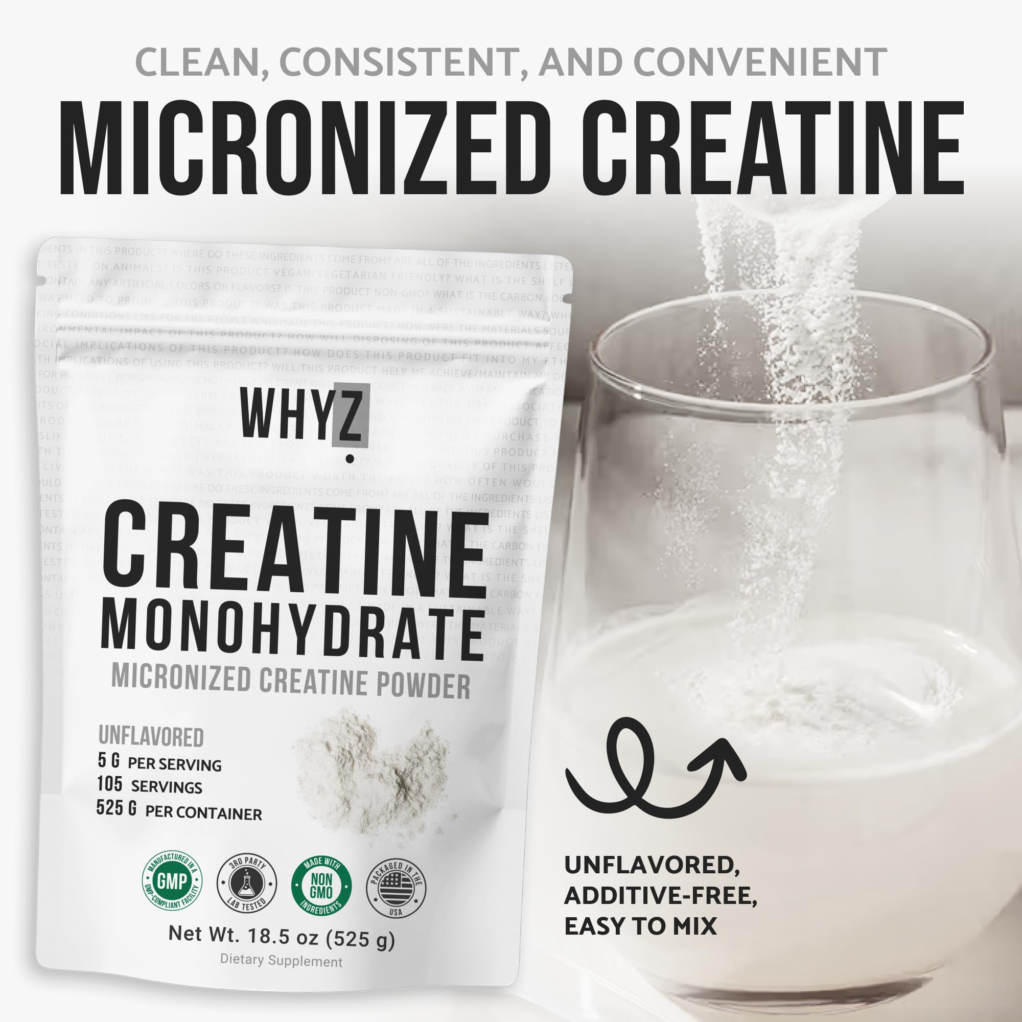 WHYZ Creatine powder label close-up showing clean, simple formulation.