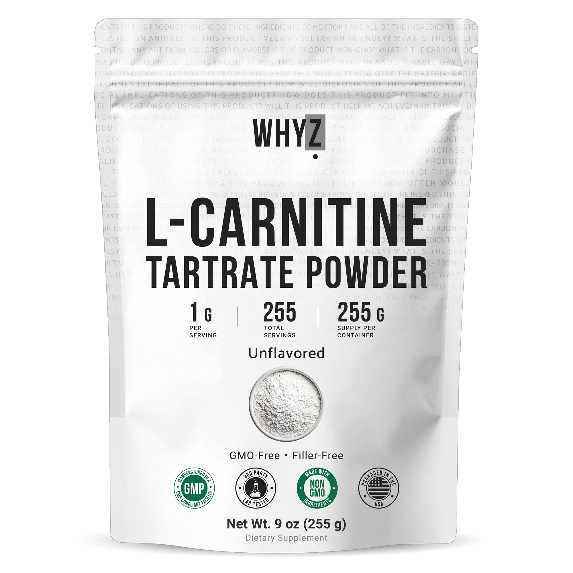 WHYZ L-Carnitine Tartrate Powder bottle for daily supplementation and easy dosing.