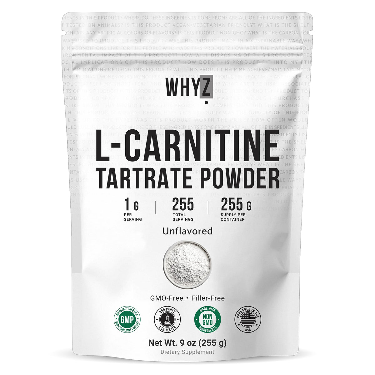 WHYZ L-Carnitine Tartrate Powder bottle for daily supplementation and easy dosing.