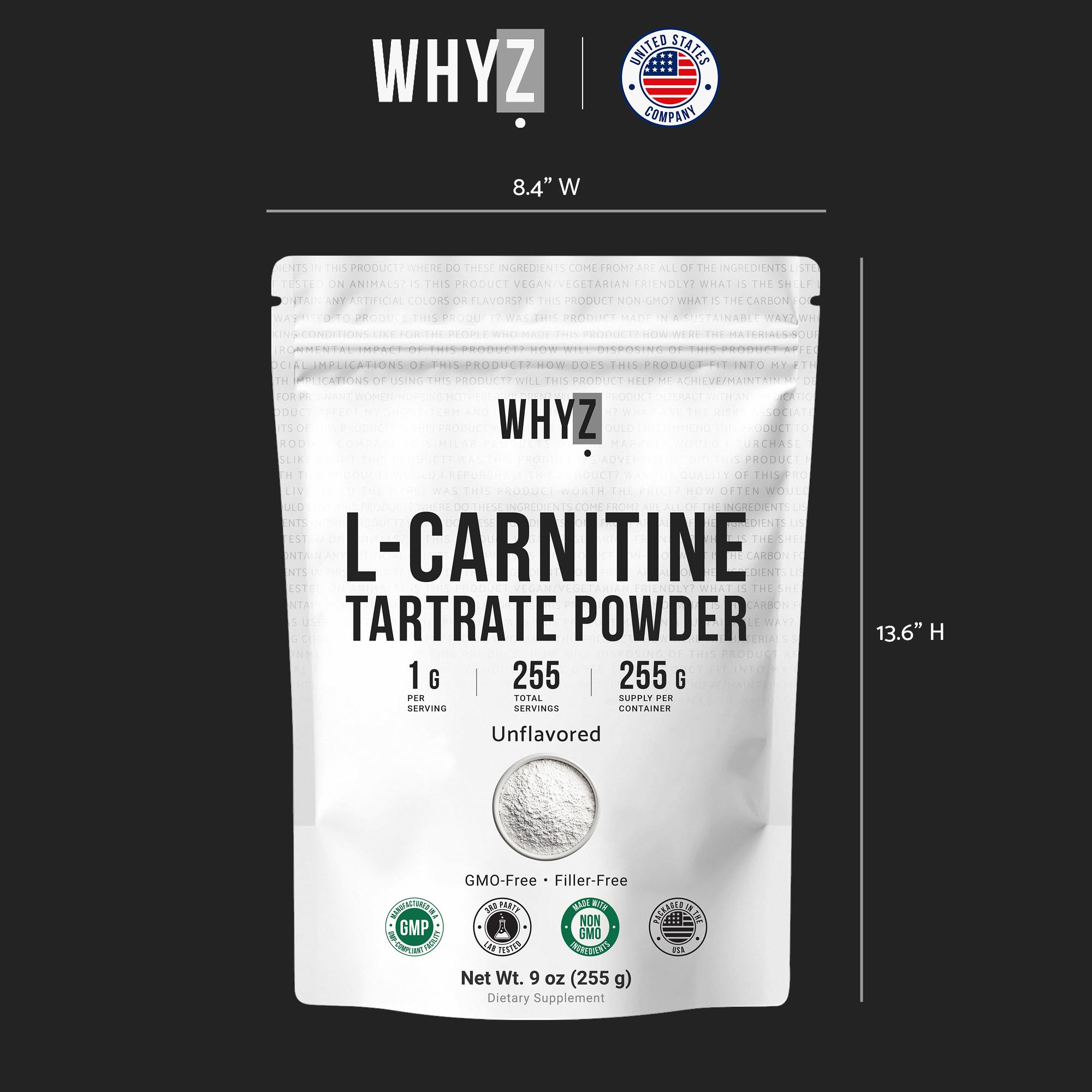 WHYZ L-Carnitine Tartrate powder shown simply in daily-use setup.