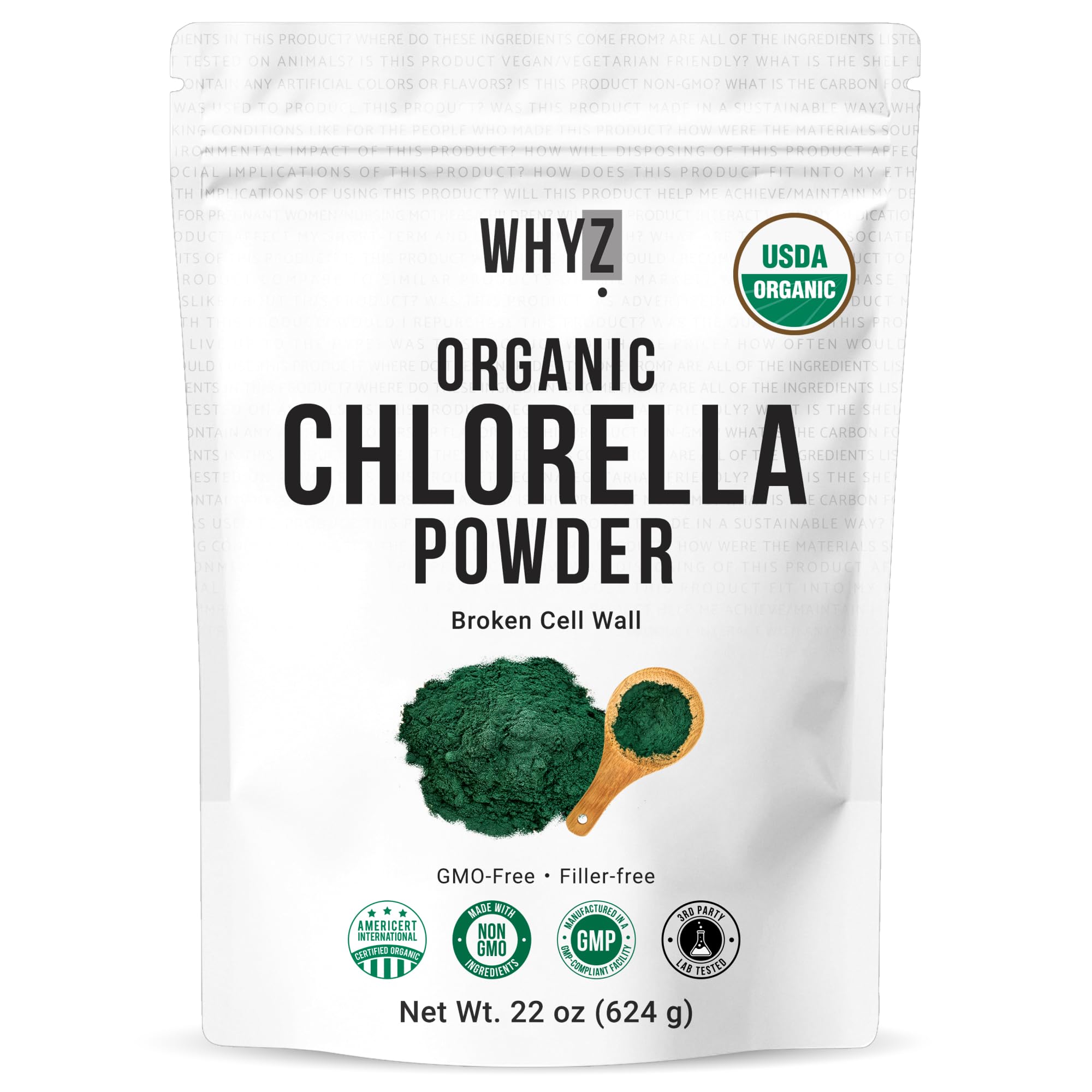 WHYZ Organic Chlorella Powder bottle highlighting plant protein and chlorophyll.