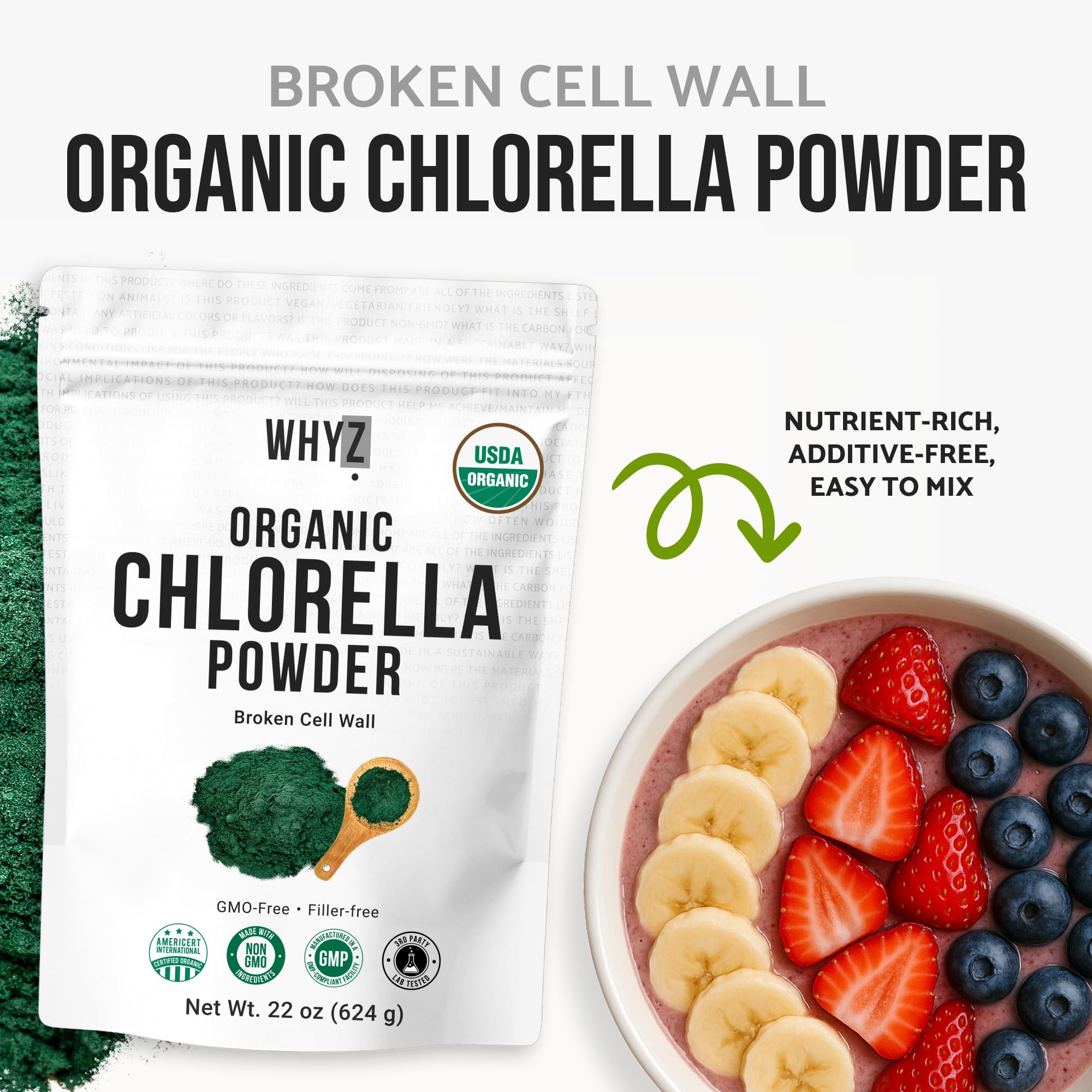 WHYZ Organic Chlorella Powder daily-use glass with greens option.