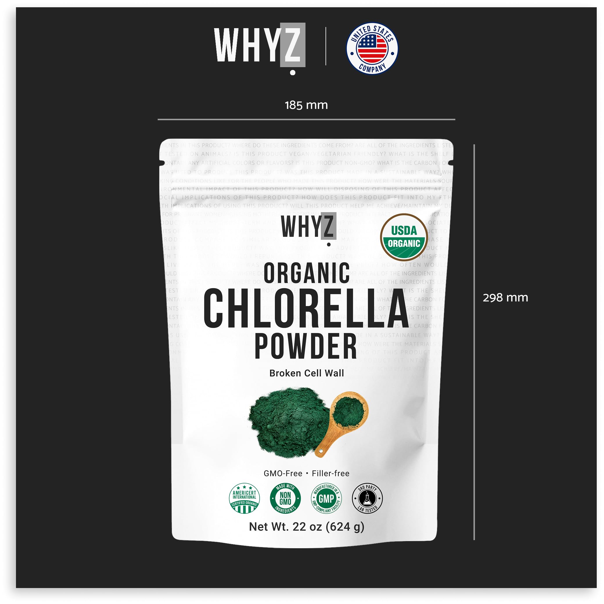 WHYZ Organic Chlorella Powder label closeup showing raw vegan formula.