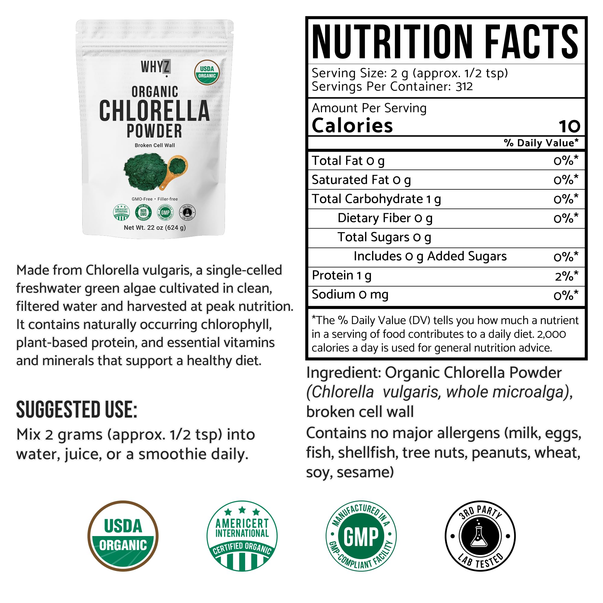 WHYZ Organic Chlorella Powder scoop ready for easy mixing.