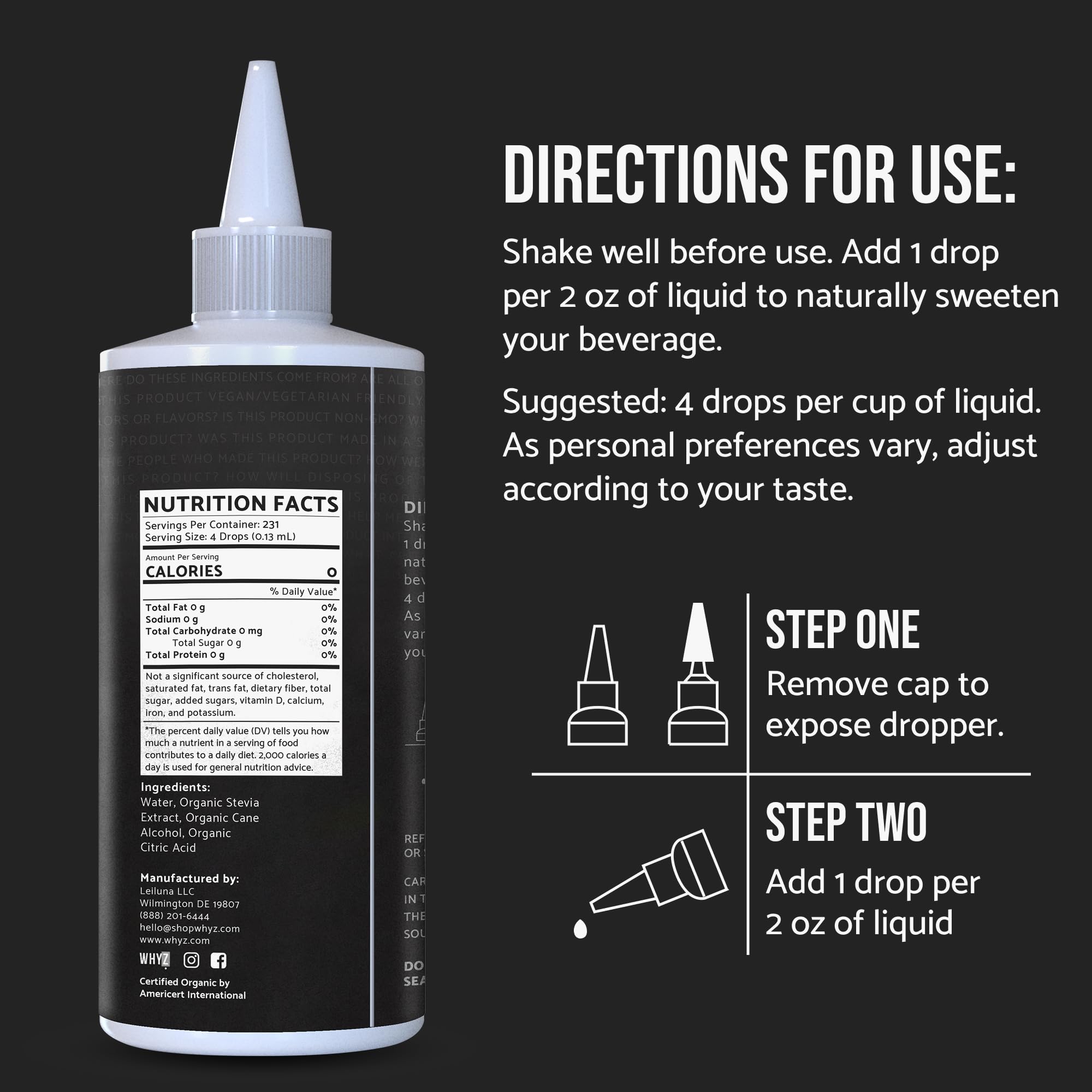 WHYZ stevia liquid drops improve tea with zero carbs.