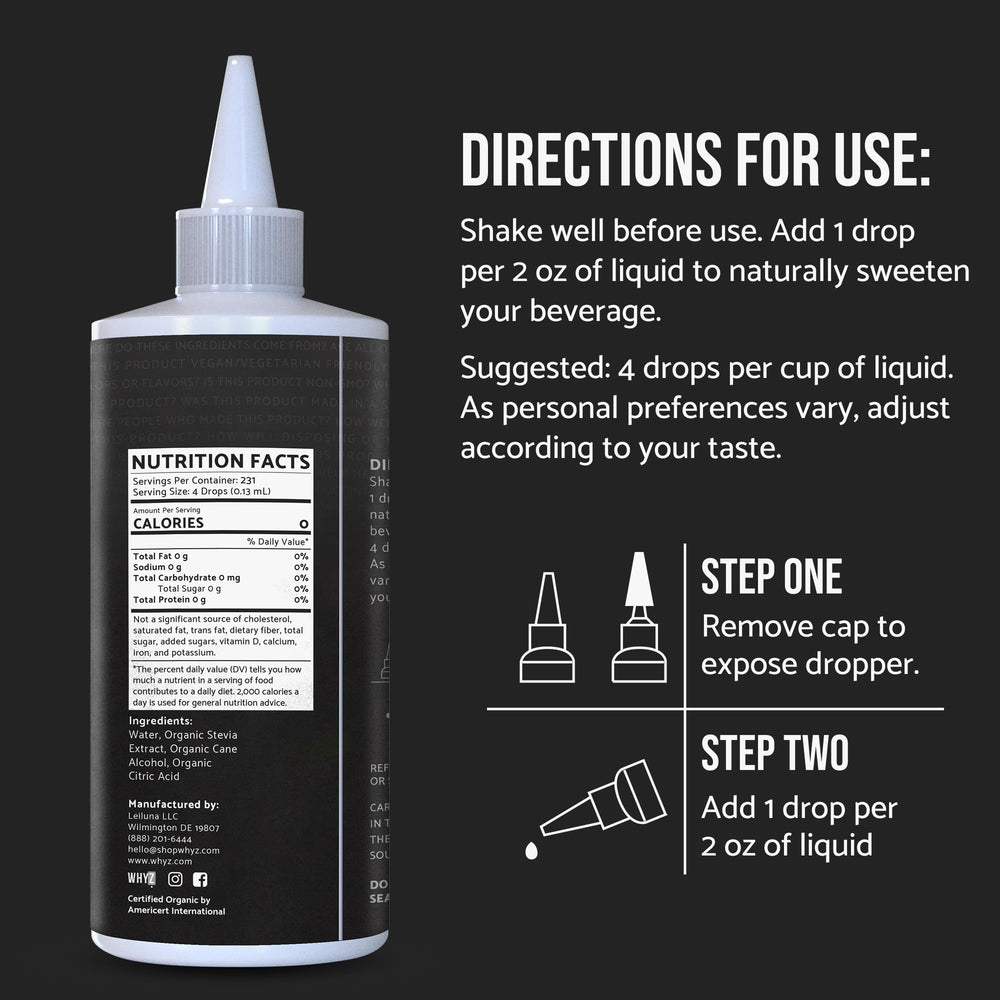 WHYZ stevia liquid drops improve tea with zero carbs.