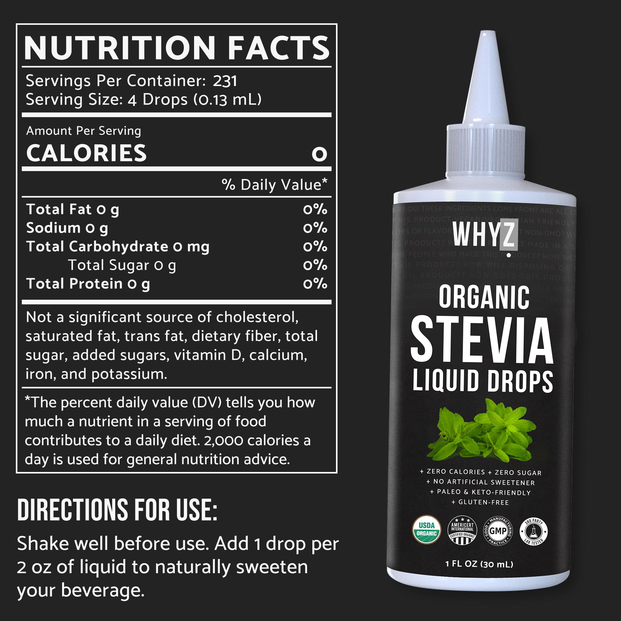 WHYZ liquid stevia gives lasting flavor with no aftertaste.