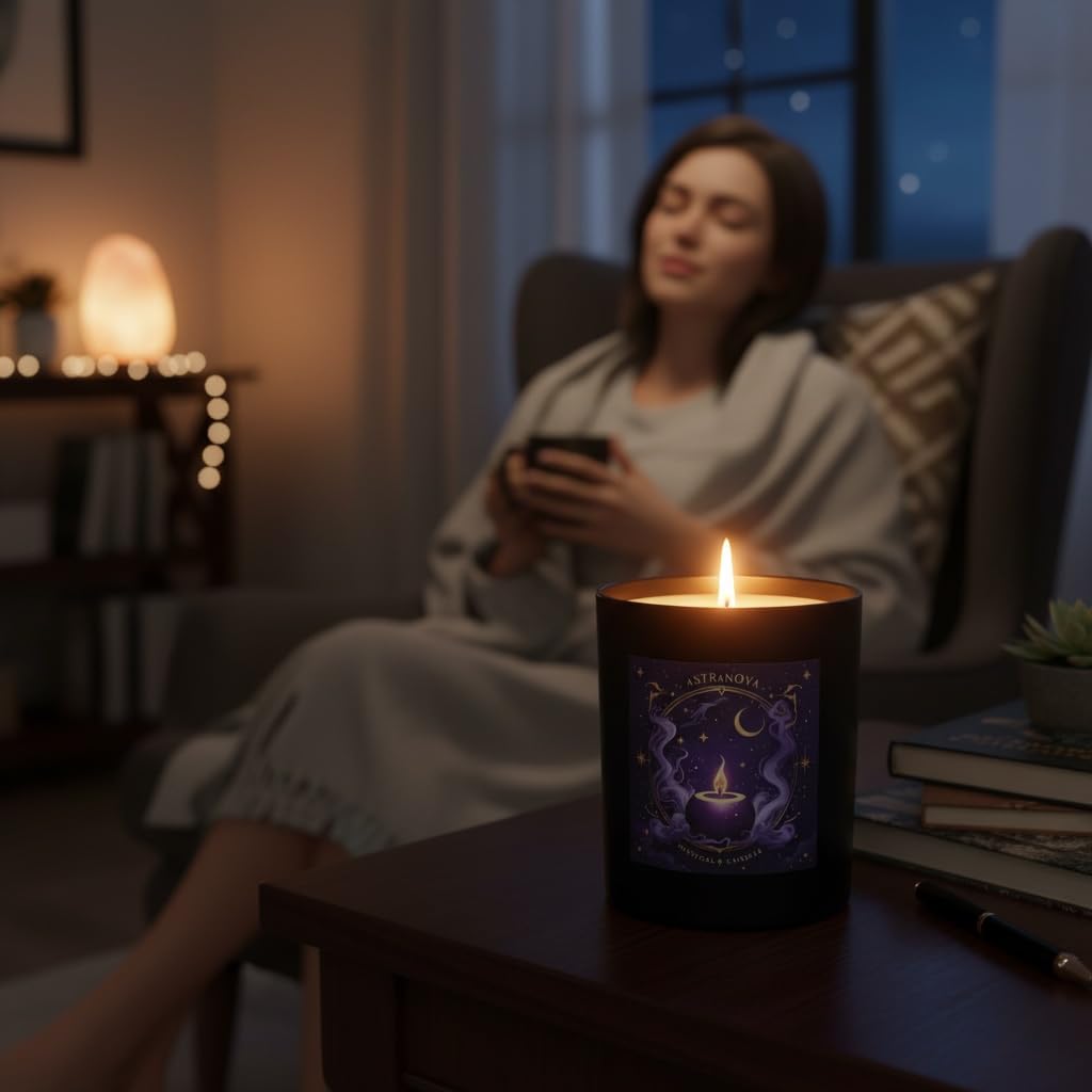 Wick & Whisper Astranova candle flame closeup for moody, relaxing ambience.