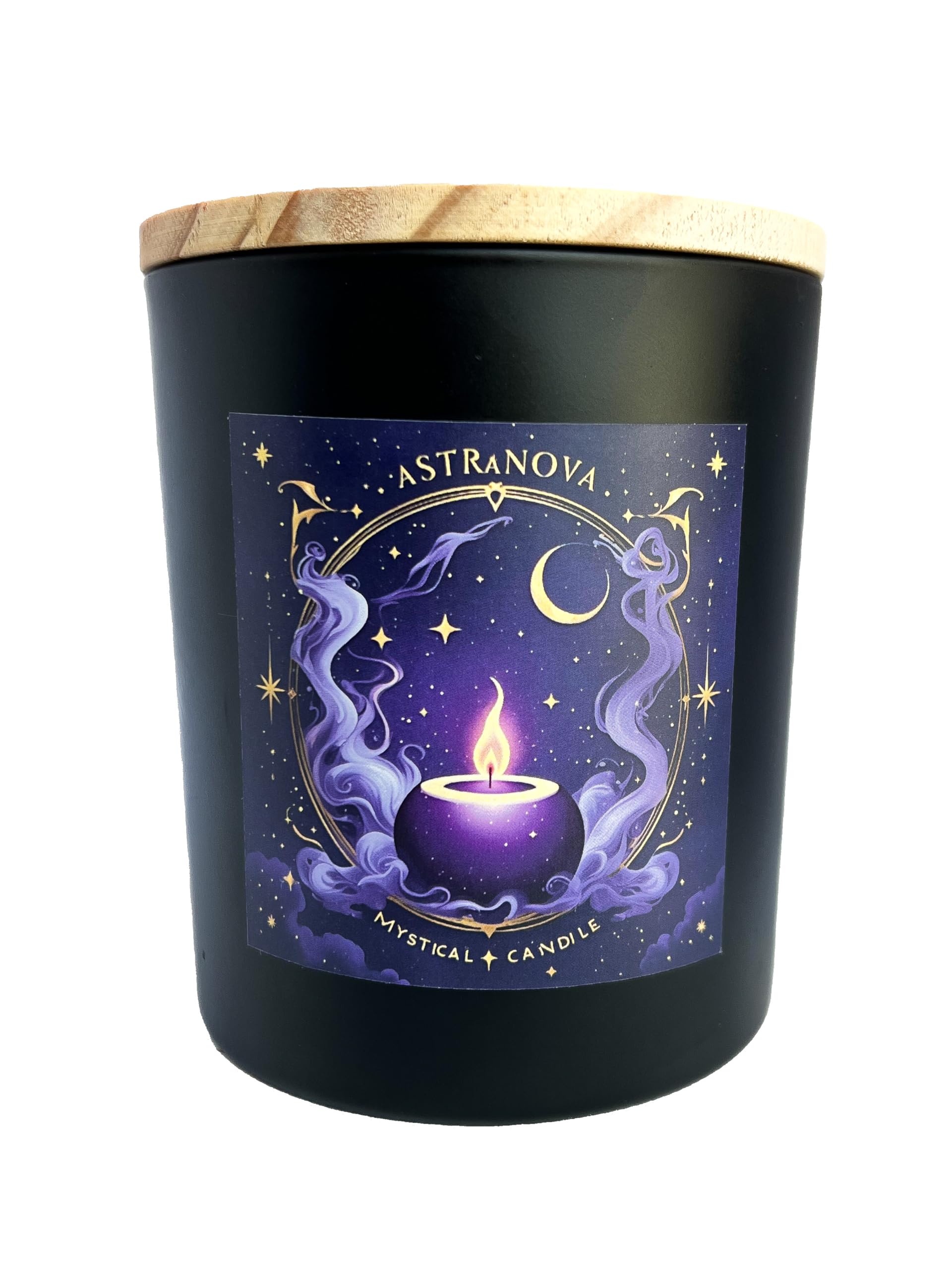 Wick & Whisper Astranova candle in matte black jar glows for evening calm.