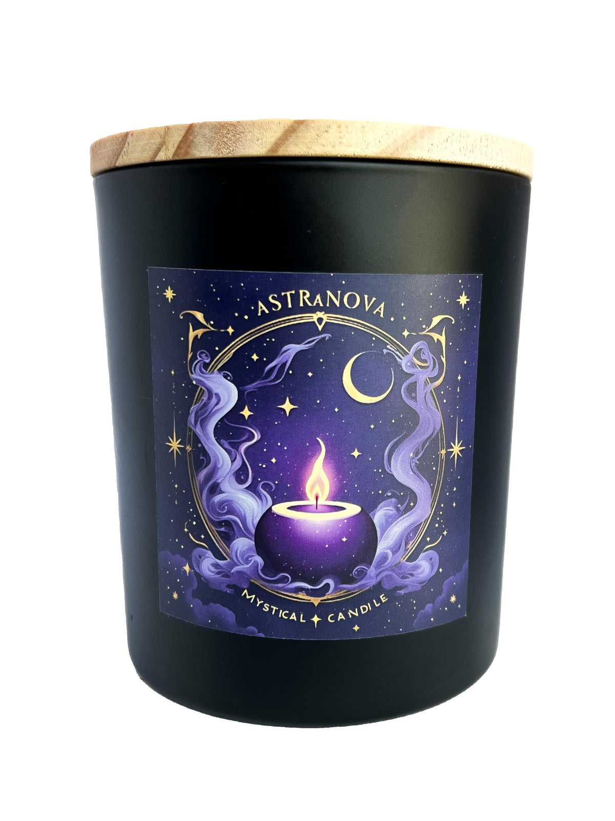Wick & Whisper Astranova candle in matte black jar glows for evening calm.