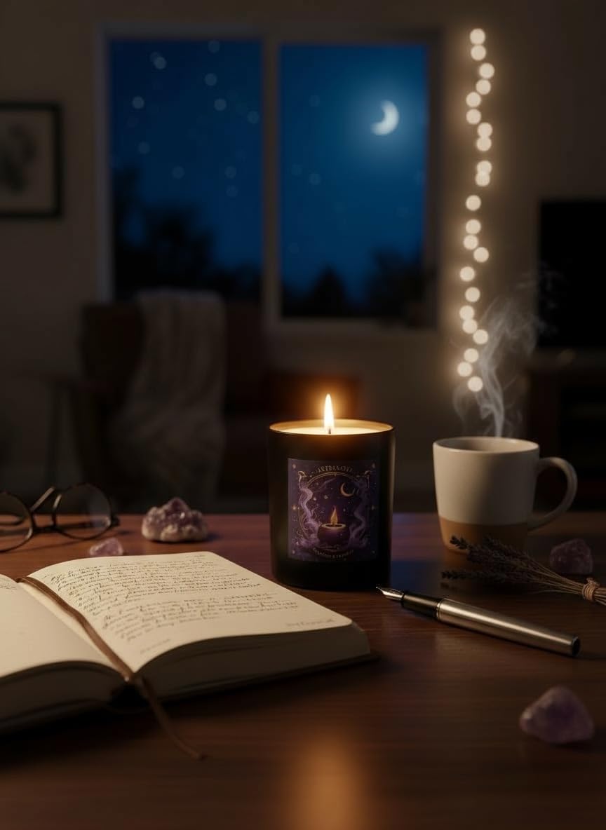 Wick & Whisper Astranova candle silhouette on table for a reflective ritual.