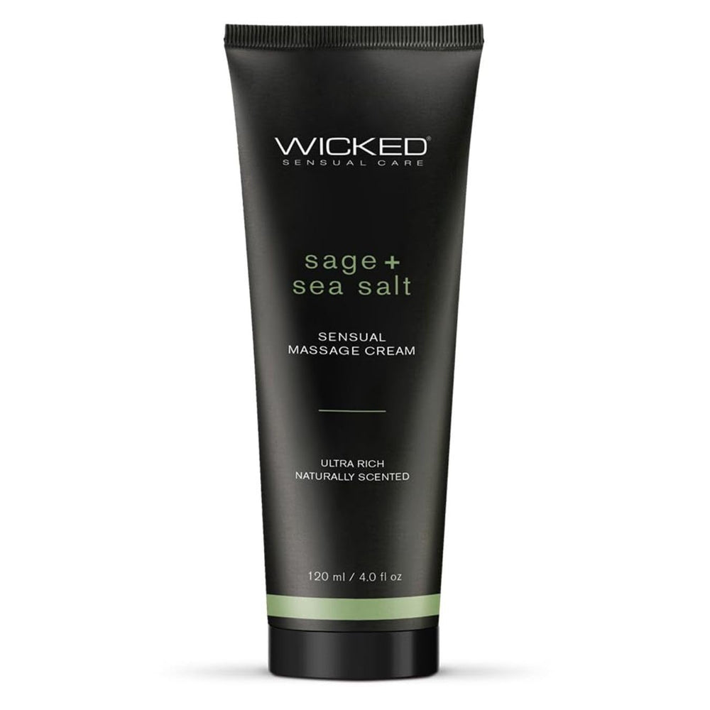 Wicked Sage+Sea Salt Massage Cream 4oz bottle pour—silky glide for relaxing massages