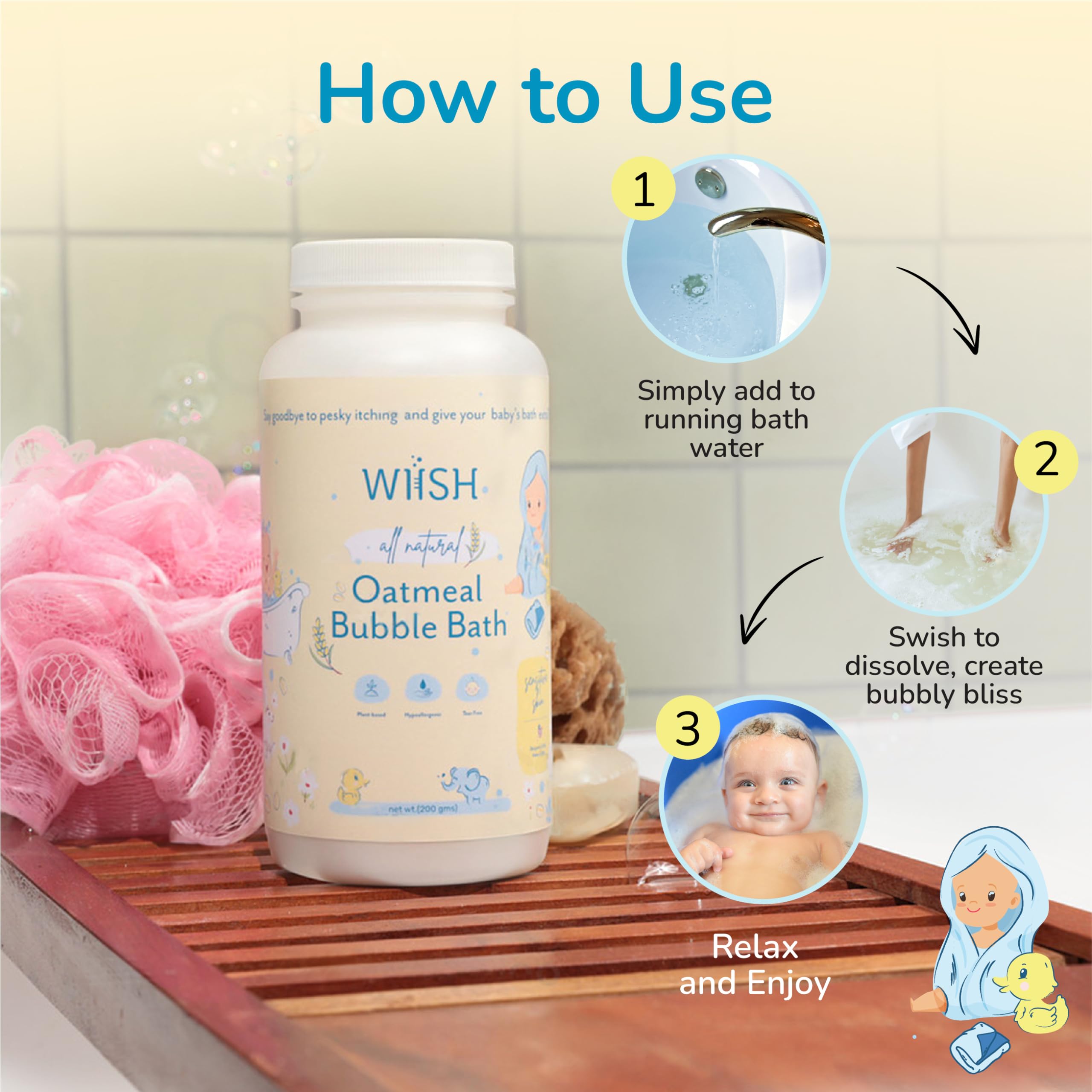 WIISH baby bath time setup depicts a safe, calming routine.