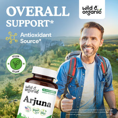 Close-up of Wild & Organic Arjuna label highlighting vegan, non-GMO ingredients.