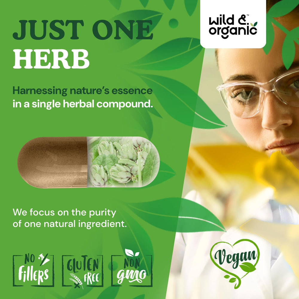Wild & Organic artichoke capsules on shelf showcasing clean-label packaging.