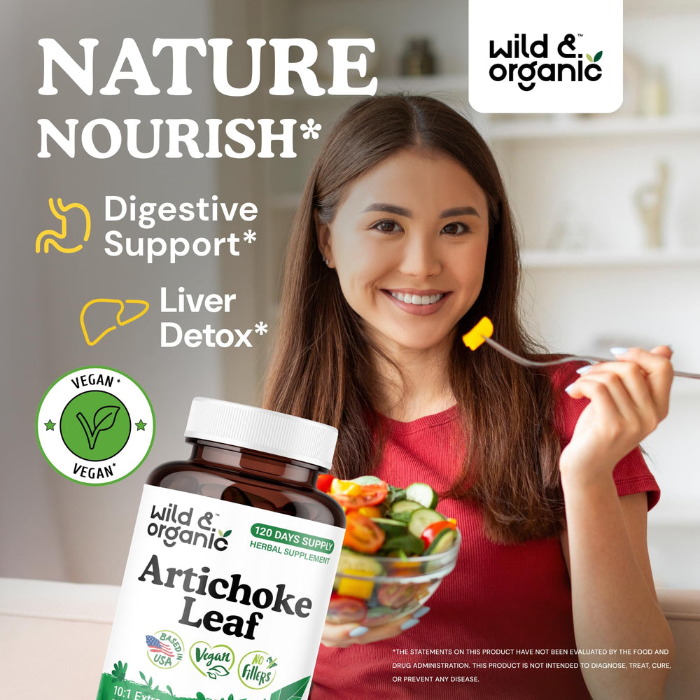 Wild & Organic artichoke extract capsules 500mg label close-up for vegan, non-GMO formula.