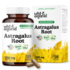 Wild & Organic Astragalus capsules bottle labeled 1200 mg for immune support.