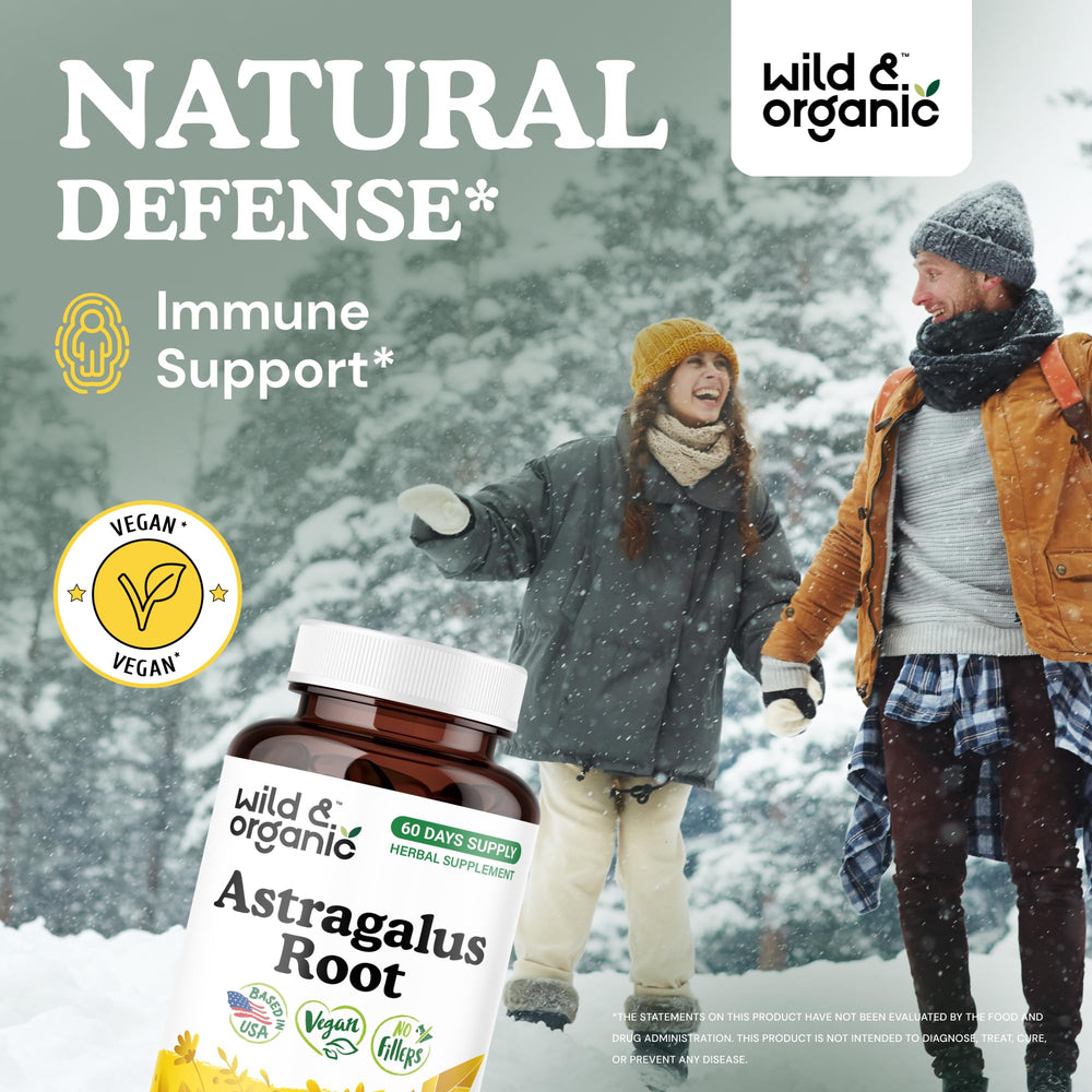Close-up of Wild & Organic astragalus capsules highlighting vegan, non-GMO formula.