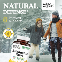 Close-up of Wild & Organic astragalus capsules highlighting vegan, non-GMO formula.