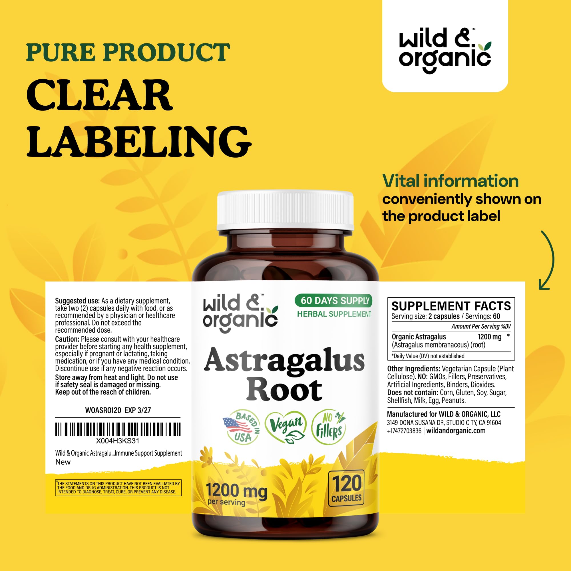 Eco-friendly packaging for Wild & Organic astragalus capsules.