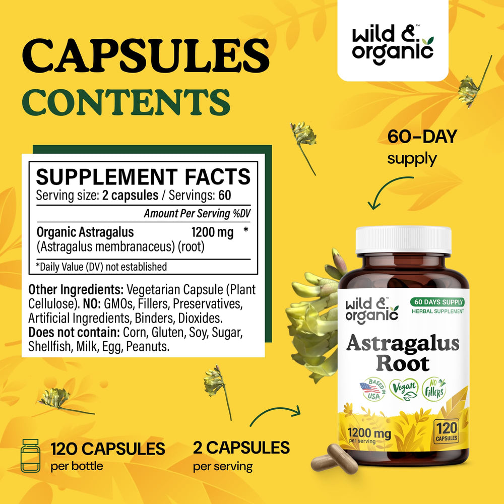Pouring Wild & Organic astragalus capsules shows the easy-to-take design.