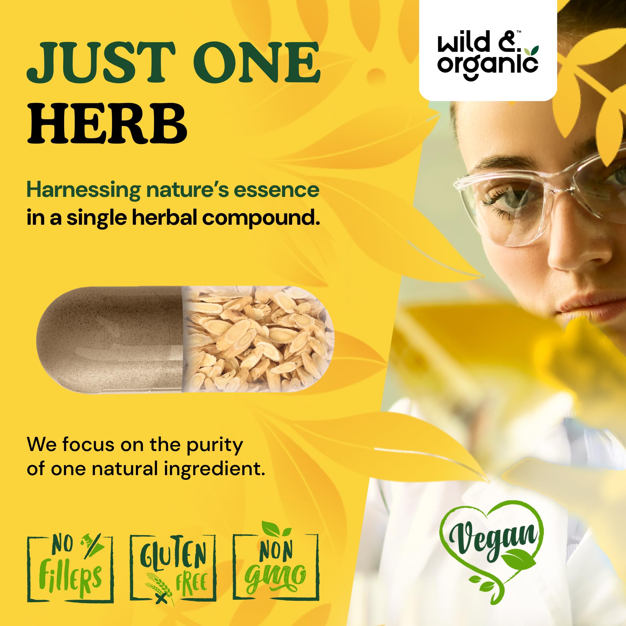 Vegan ingredients and non-GMO label on Wild & Organic astragalus capsules.