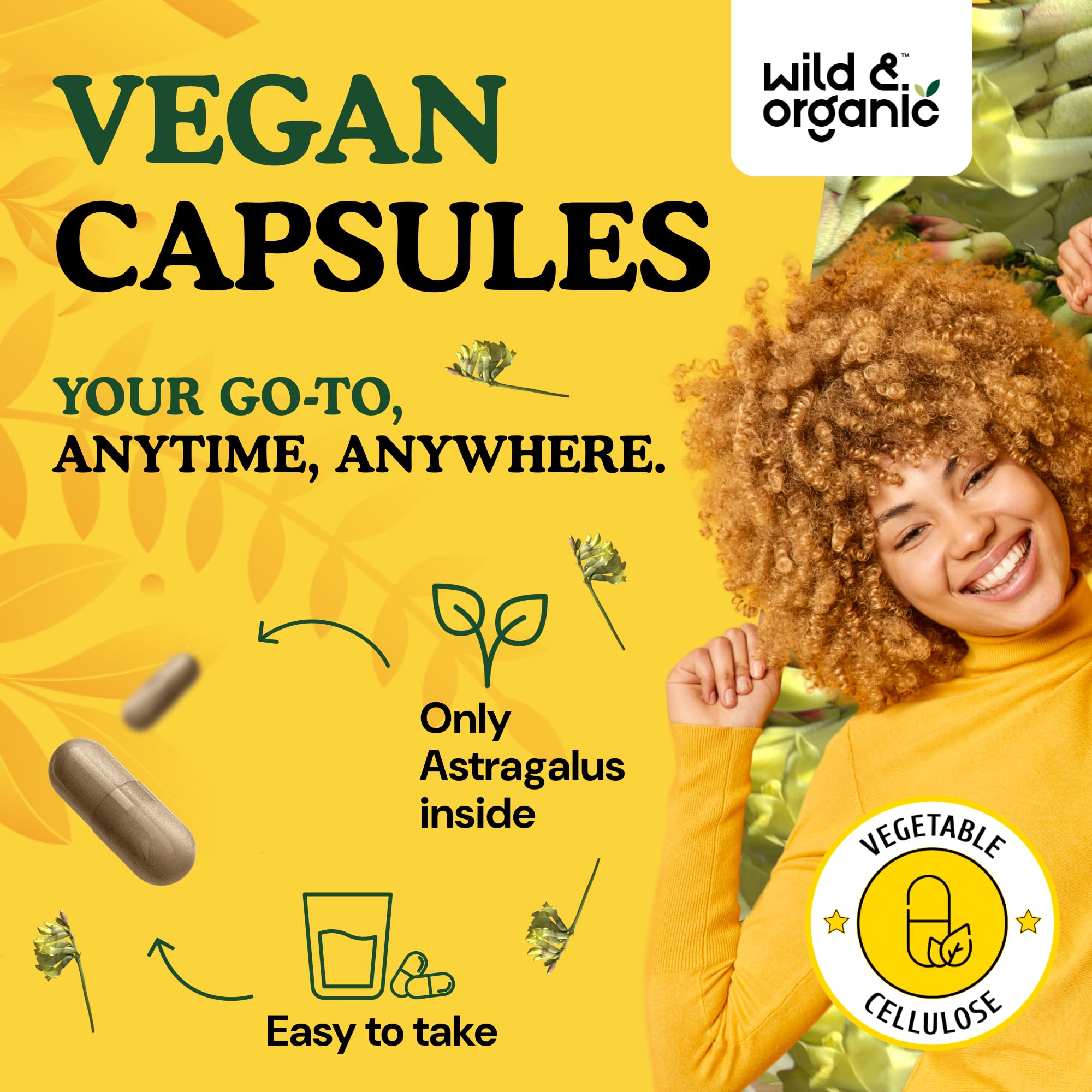 Plant-based formula from Wild & Organic astragalus with vegetable coating.