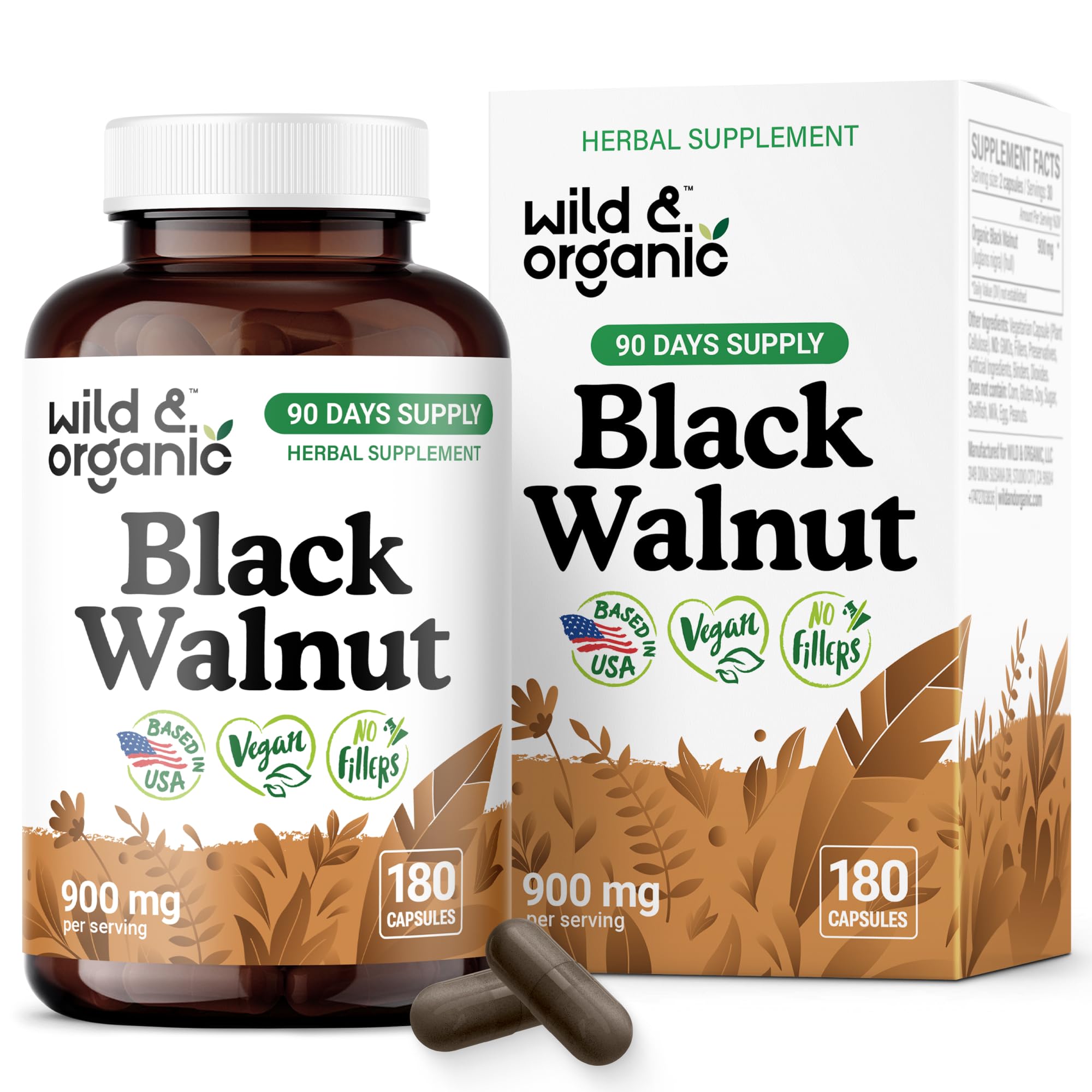 Wild and Organic Black Walnut Hull Capsules bottle front for detox-friendly daily routine